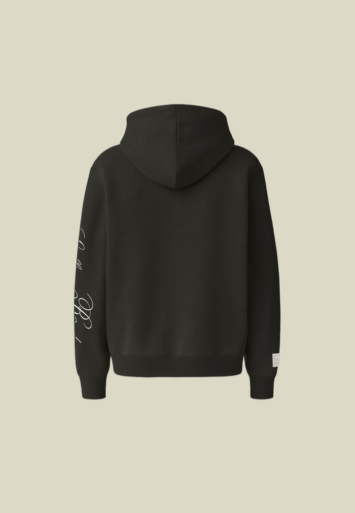 Black unisex hoodie with hood, front pouch pocket and white sleeve lettering