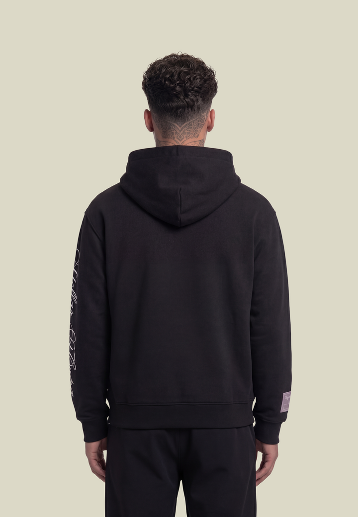 Black unisex hoodie with hood, front pouch pocket and white sleeve lettering