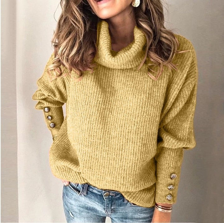 Women's ribbed turtleneck jumper with long sleeves and button cuffs