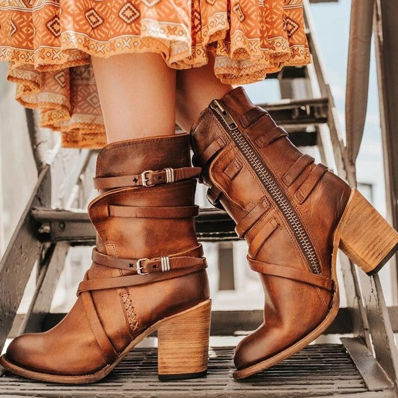 Women's ankle boots with buckle straps and tall block heels