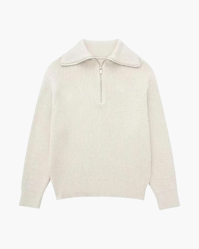 Striped ribbed jumper with mock neck and half-zip fastening