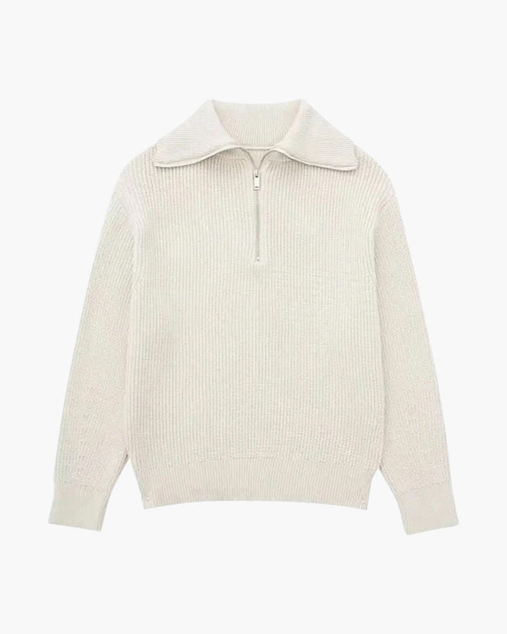 Striped ribbed jumper with mock neck and half-zip fastening