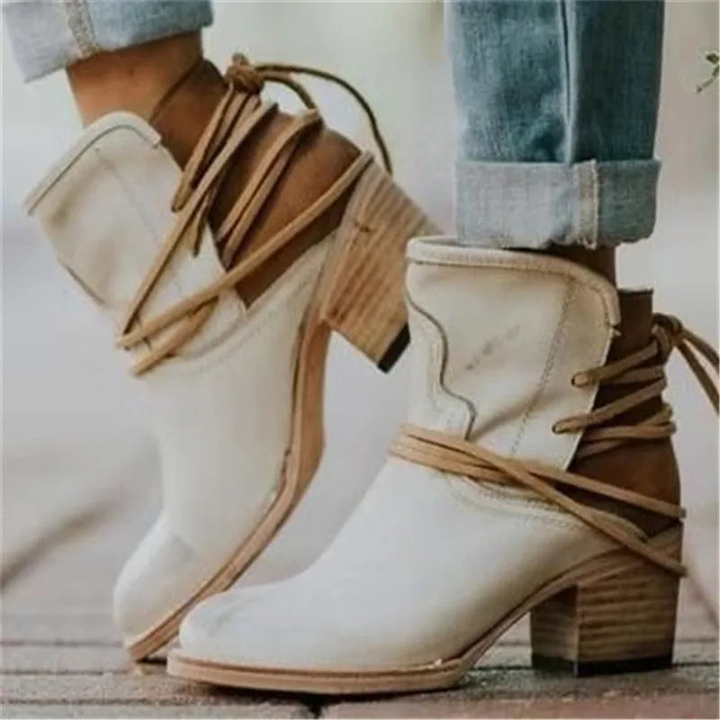 Women's western ankle boots with pointed toes, wraparound ties and block heels