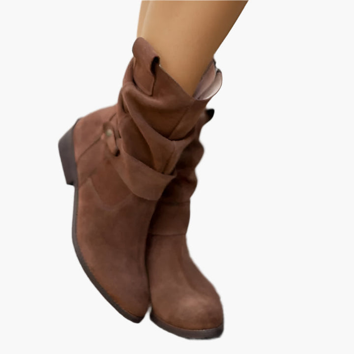 Women's slouch boots with layered buckle straps and low heels