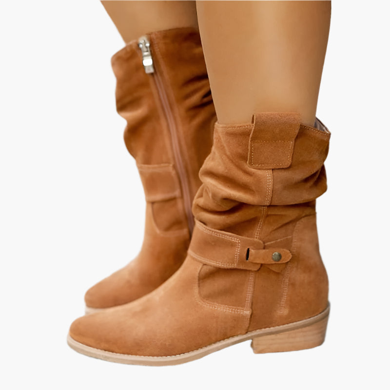 Women's slouch boots with layered buckle straps and low heels