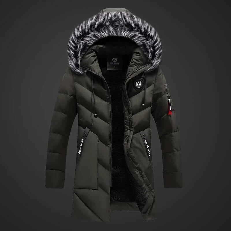 Men's longline padded hooded coat with faux fur trim and zipped pockets