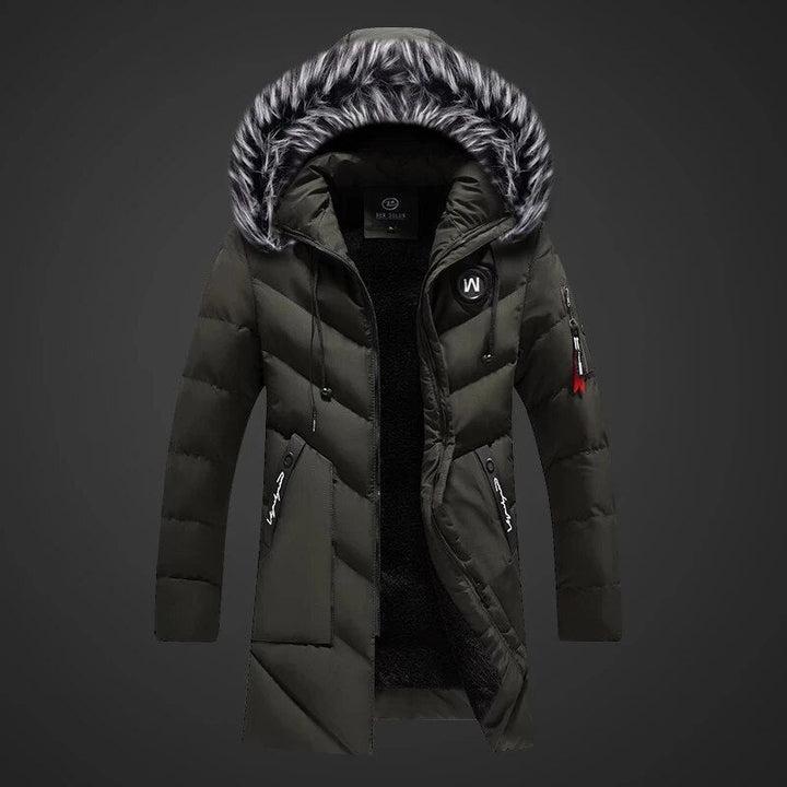 Men's longline padded hooded coat with faux fur trim and zipped pockets