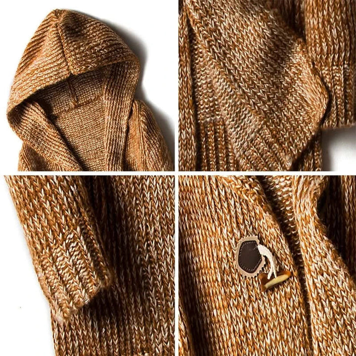 Hooded textured knit cardigan with toggle buttons and front pockets