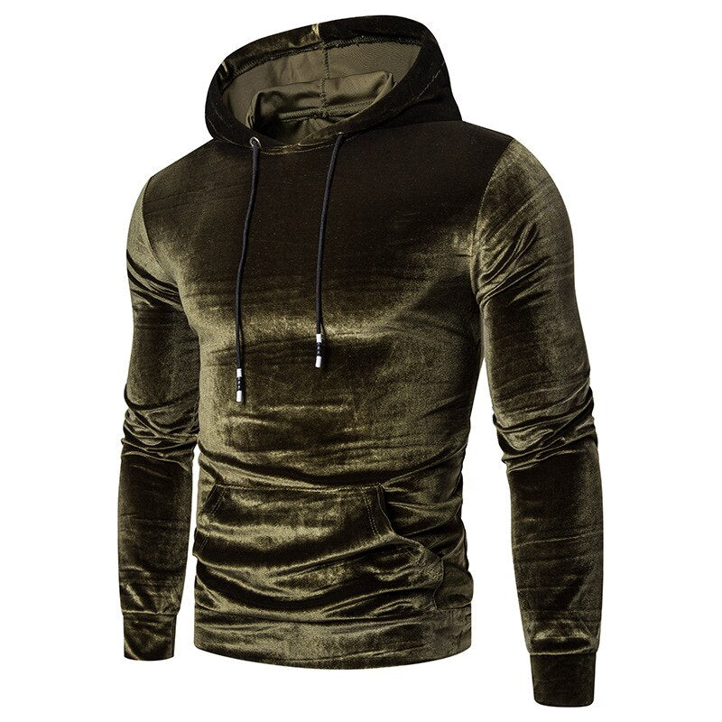 Men's long-sleeve velour hoodie with drawstring hood and kangaroo pocket
