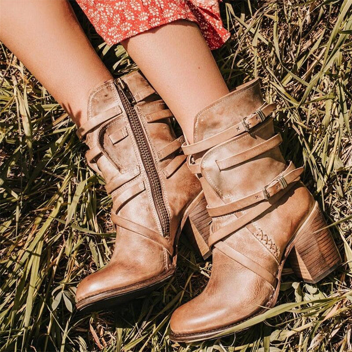 Women's ankle boots with buckle straps and tall block heels