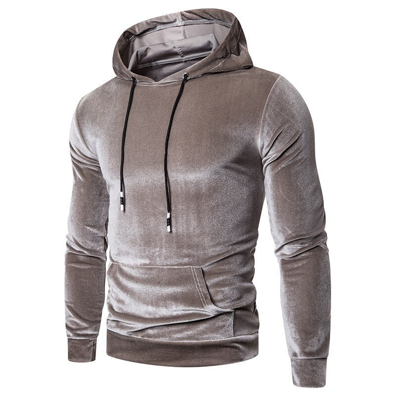 Men's long-sleeve velour hoodie with drawstring hood and kangaroo pocket