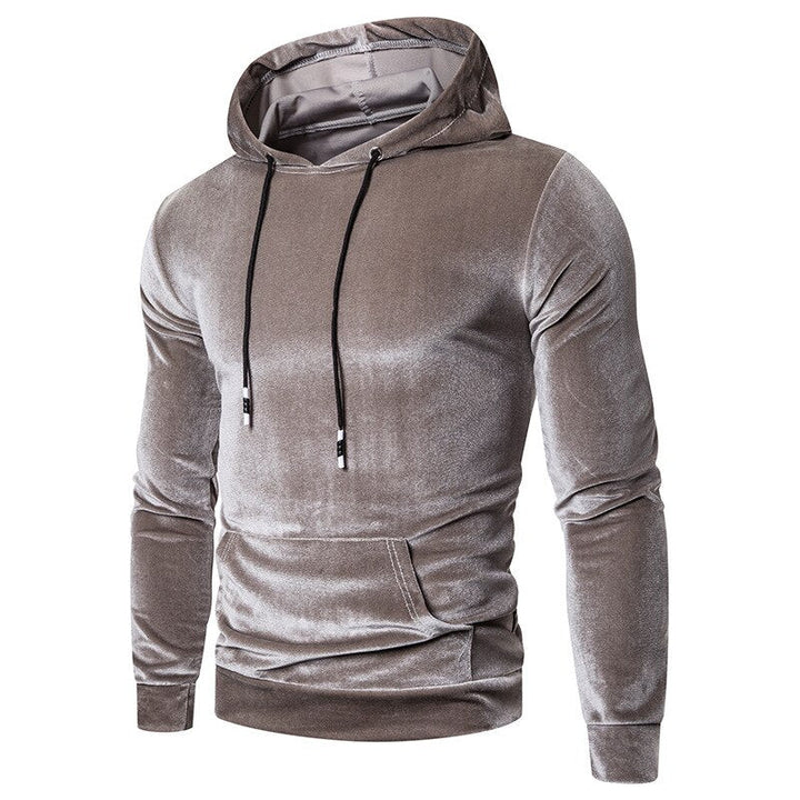 Men's long-sleeve velour hoodie with drawstring hood and kangaroo pocket