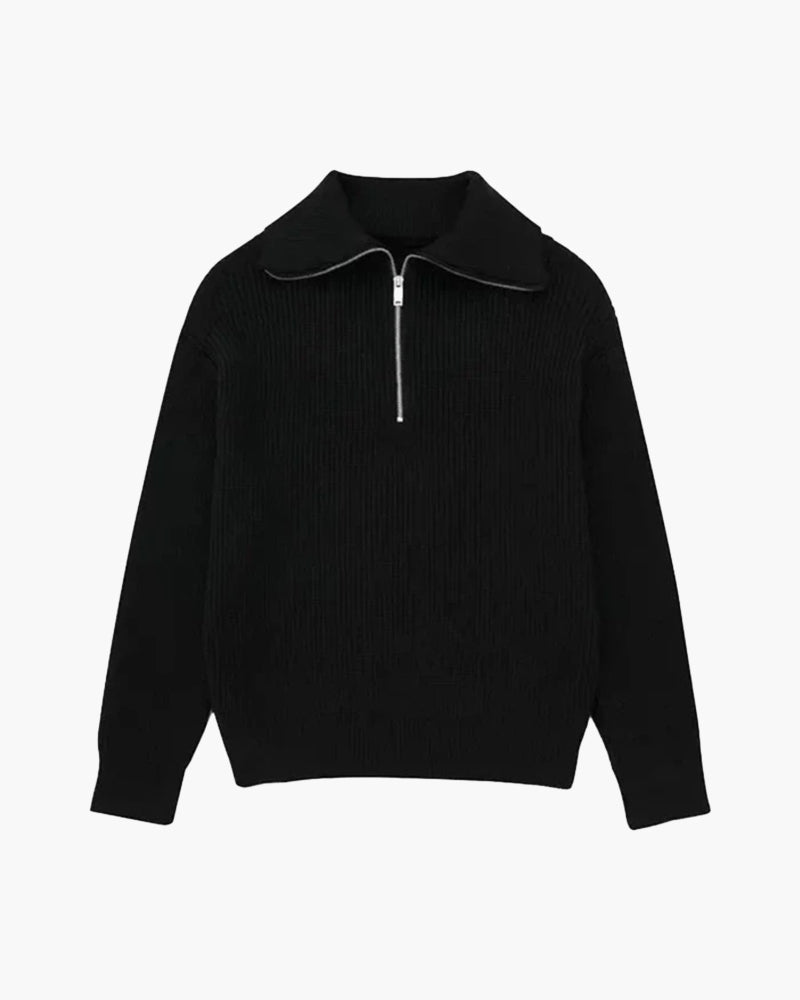 Striped ribbed jumper with mock neck and half-zip fastening