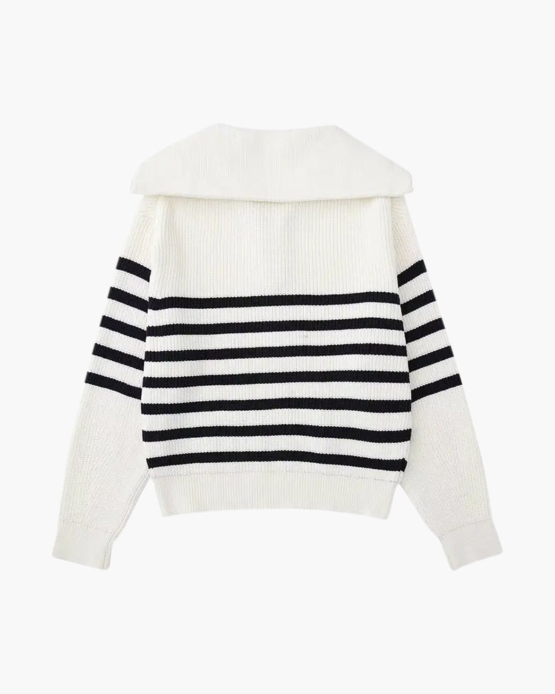 Striped ribbed jumper with mock neck and half-zip fastening
