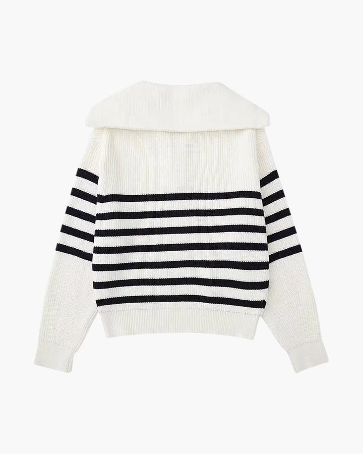 Striped ribbed jumper with mock neck and half-zip fastening