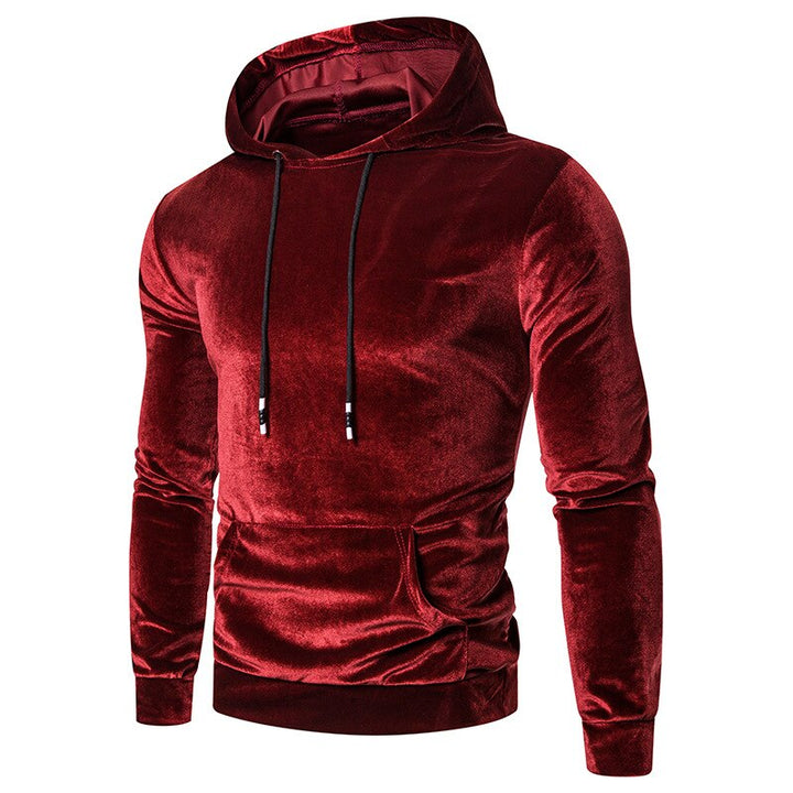 Men's long-sleeve velour hoodie with drawstring hood and kangaroo pocket