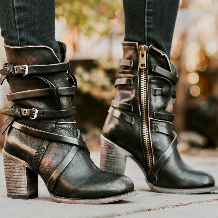 Women's ankle boots with buckle straps and tall block heels