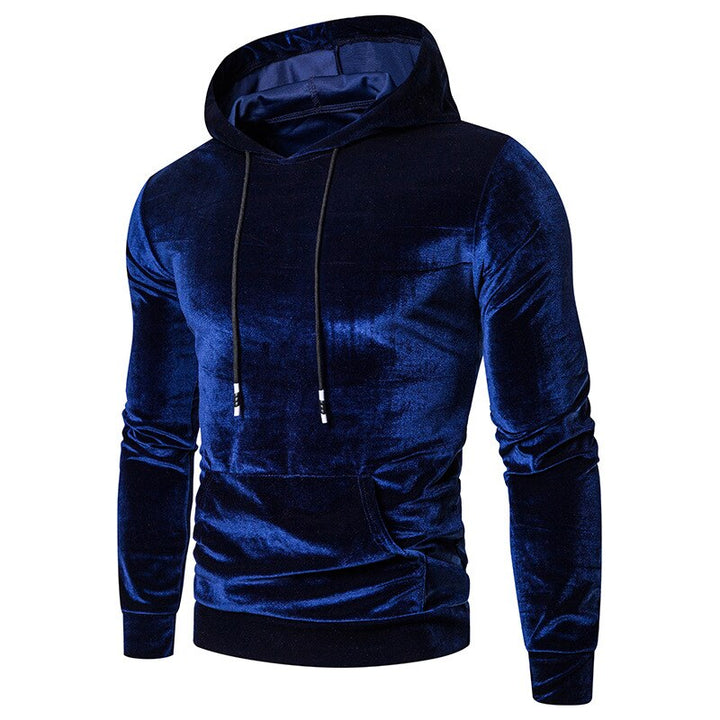 Men's long-sleeve velour hoodie with drawstring hood and kangaroo pocket