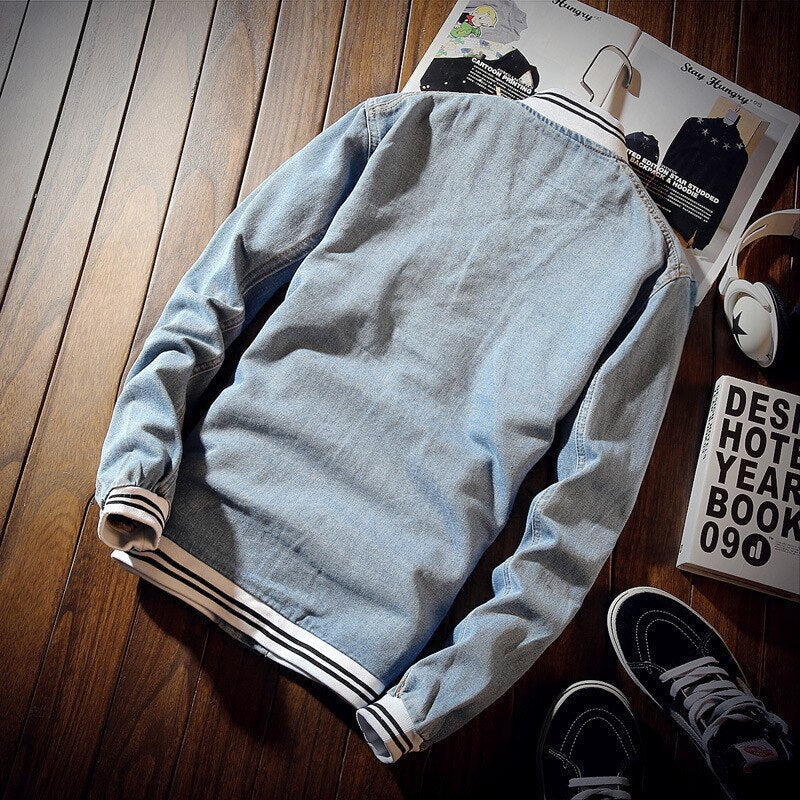 Men's blue denim jacket with striped collar, button front and four flap pockets