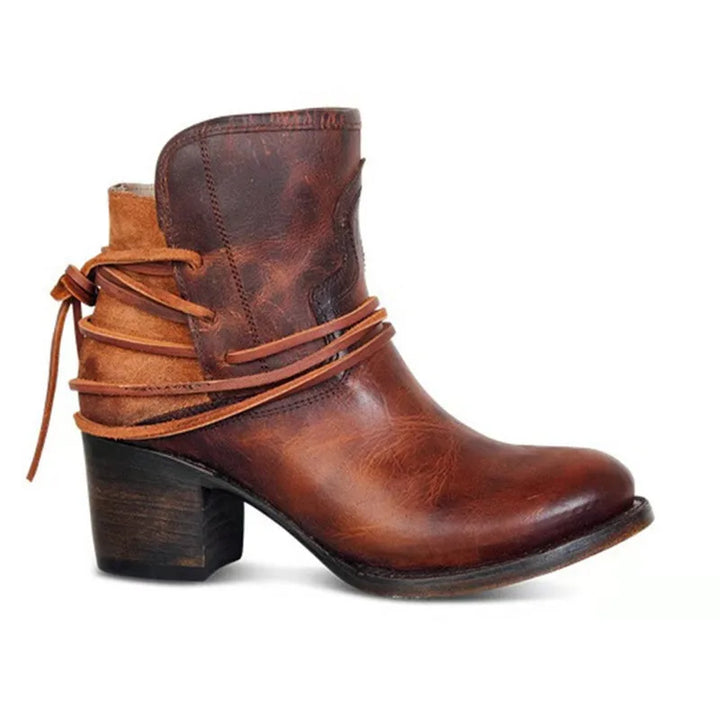 Women's western ankle boots with pointed toes, wraparound ties and block heels