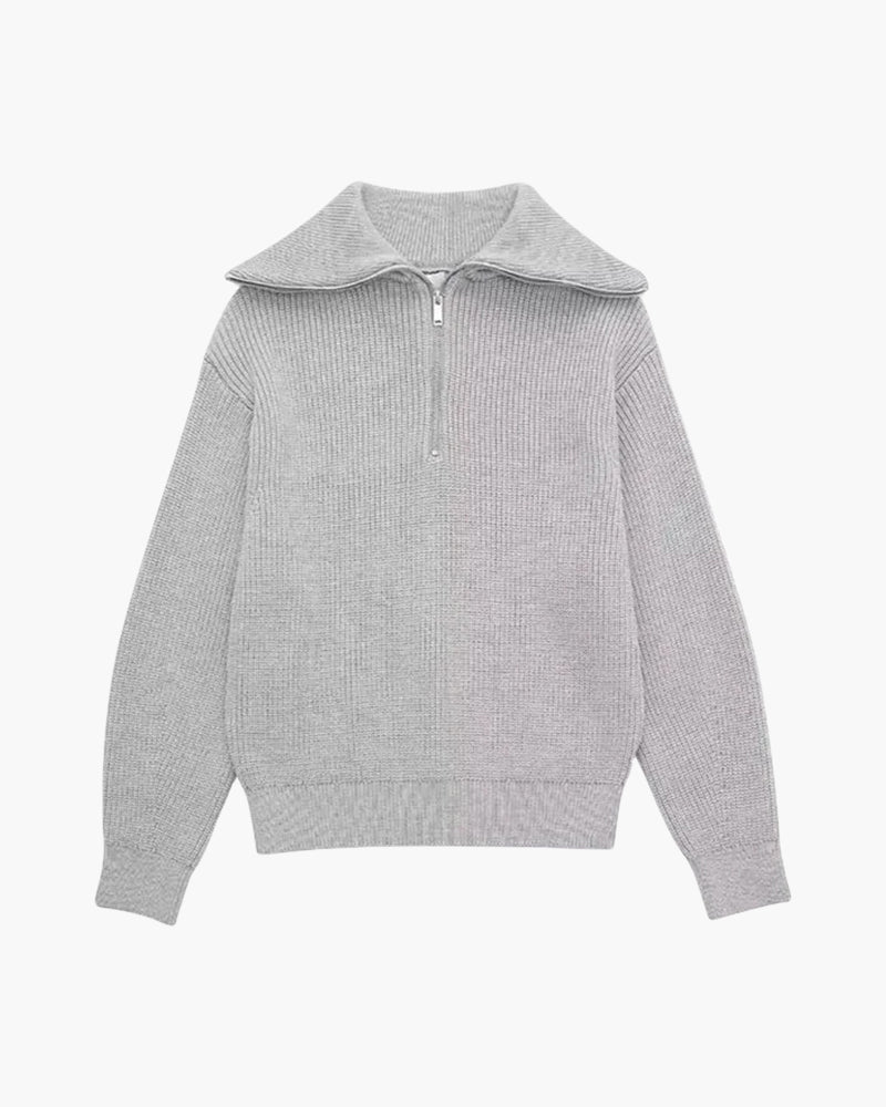 Striped ribbed jumper with mock neck and half-zip fastening