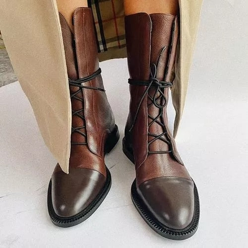 Women's lace-up knee-high boots with high block heels
