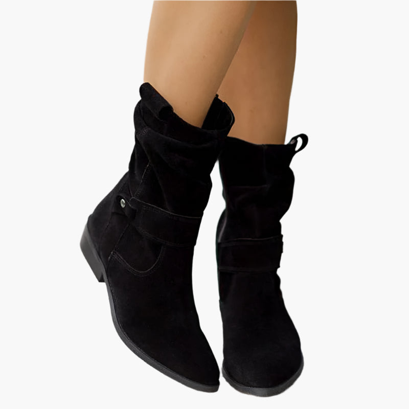 Women's slouch boots with layered buckle straps and low heels