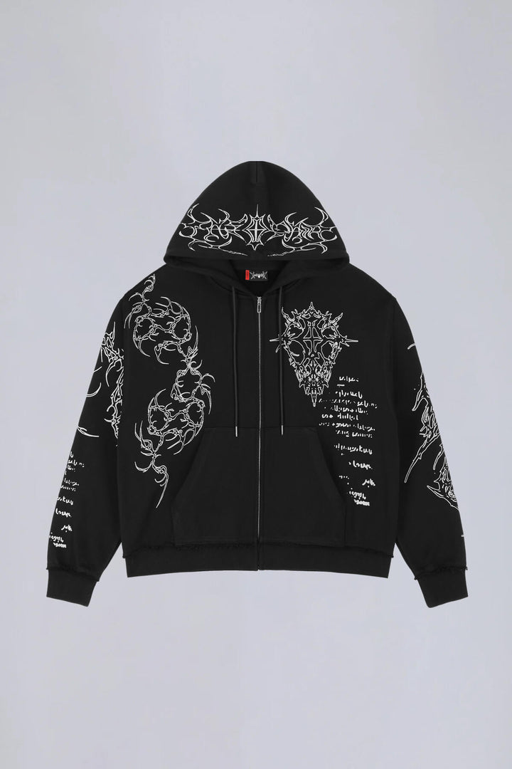 Black graphic zip hoodie with hood and printed motifs