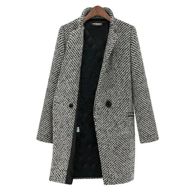Women's black and white houndstooth long coat with notched lapels and button fastening