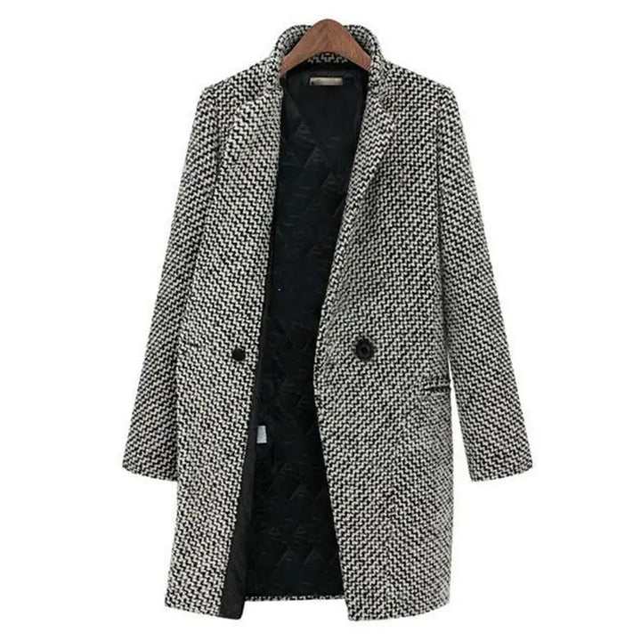 Women's black and white houndstooth long coat with notched lapels and button fastening