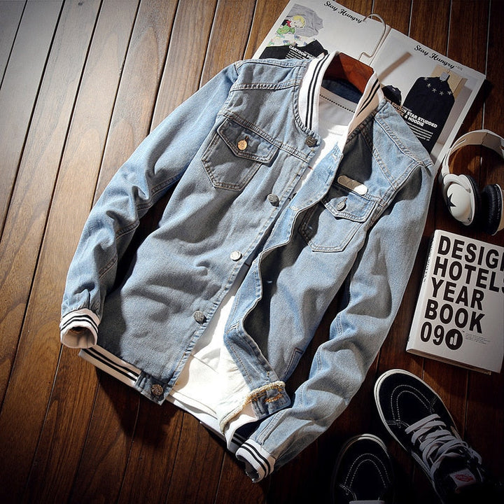 Men's blue denim jacket with striped collar, button front and four flap pockets