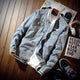 Men's blue denim jacket with striped collar, button front and four flap pockets