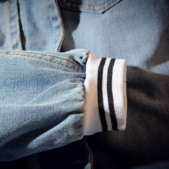 Men's blue denim jacket with striped collar, button front and four flap pockets