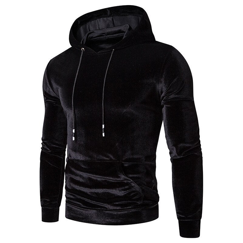 Men's long-sleeve velour hoodie with drawstring hood and kangaroo pocket