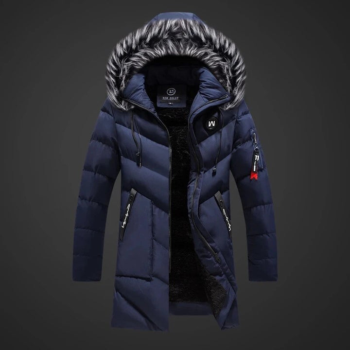 Men's longline padded hooded coat with faux fur trim and zipped pockets