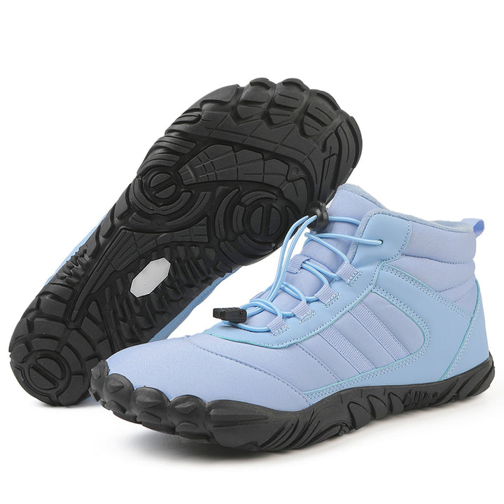 High-top lace-up barefoot boots with rounded toes and textured flat soles