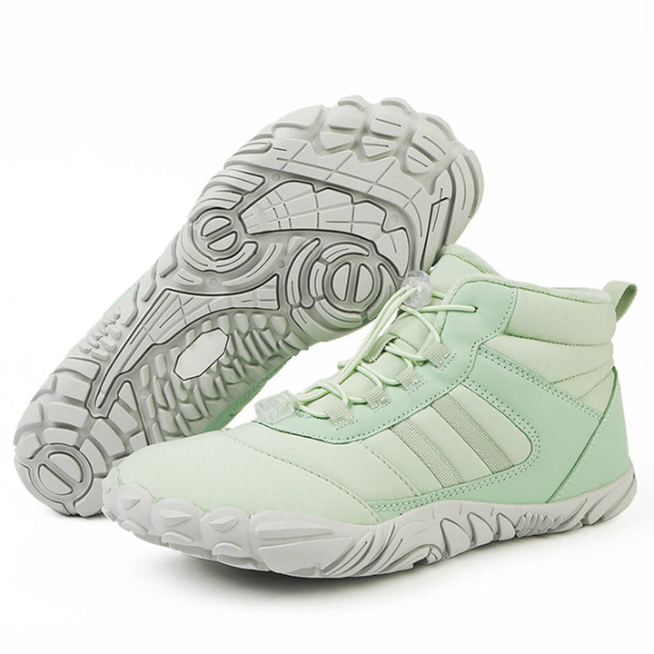 High-top lace-up barefoot boots with rounded toes and textured flat soles