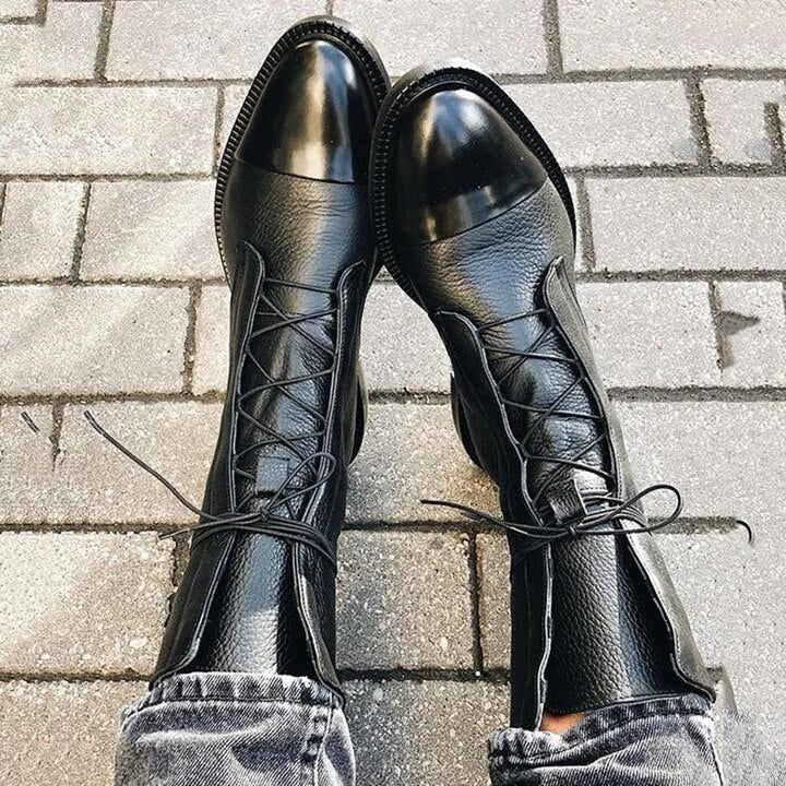 Women's lace-up knee-high boots with high block heels