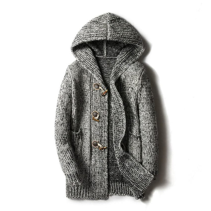 Hooded textured knit cardigan with toggle buttons and front pockets