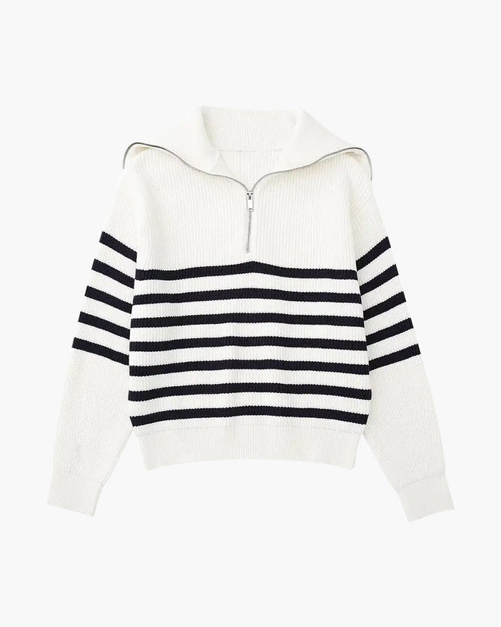Striped ribbed jumper with mock neck and half-zip fastening