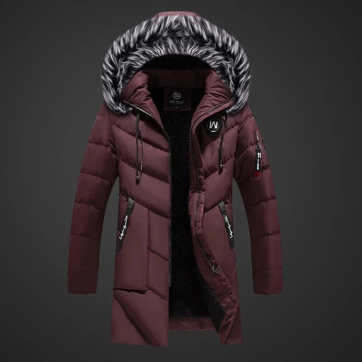 Men's longline padded hooded coat with faux fur trim and zipped pockets