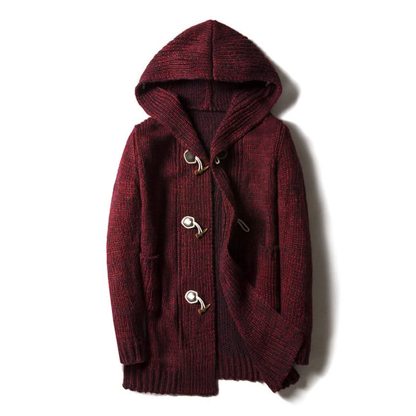 Hooded textured knit cardigan with toggle buttons and front pockets
