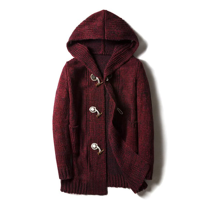 Hooded textured knit cardigan with toggle buttons and front pockets