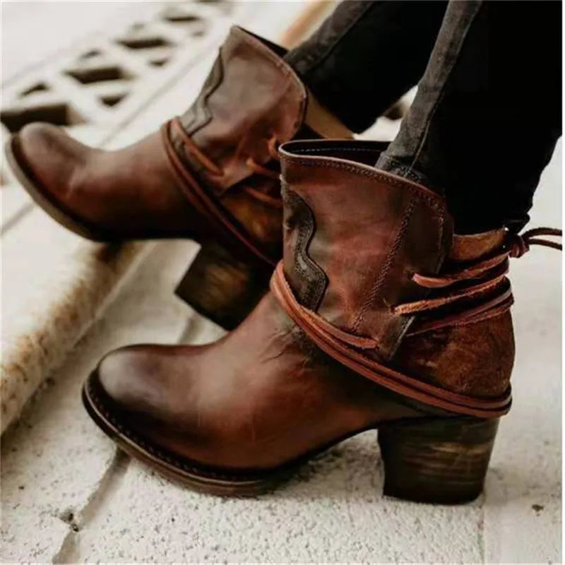Women's western ankle boots with pointed toes, wraparound ties and block heels