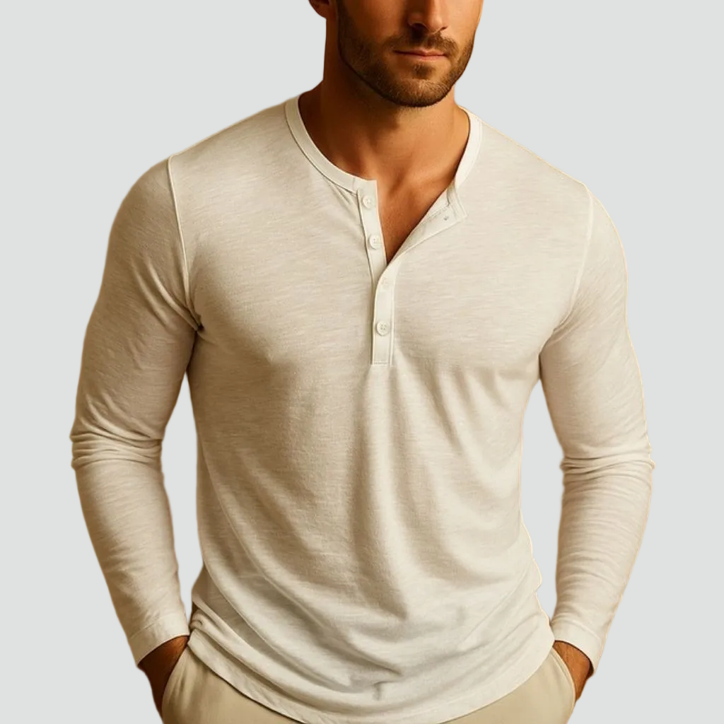 Men's slim fit long sleeve Henley shirt with button placket