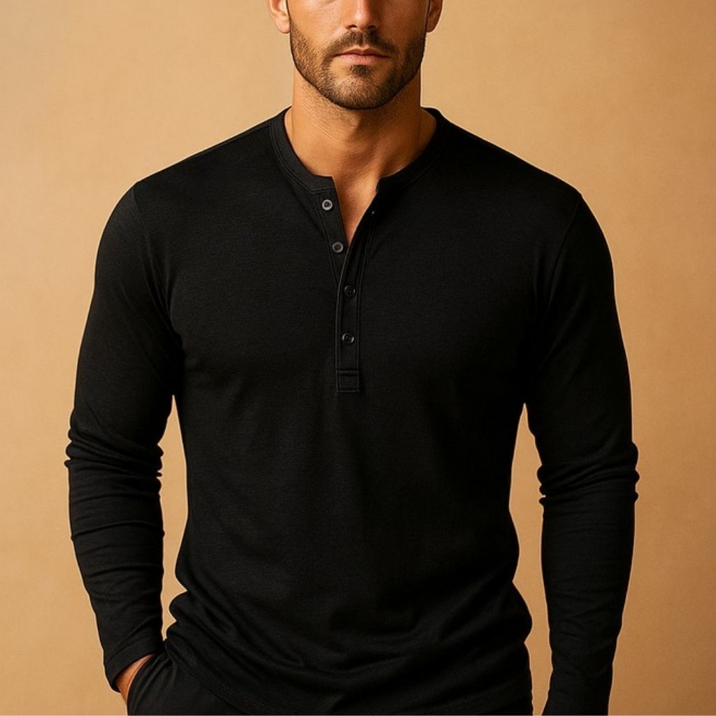 Men's slim fit long sleeve Henley shirt with button placket