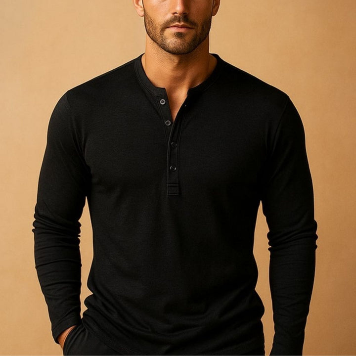 Men's slim fit long sleeve Henley shirt with button placket