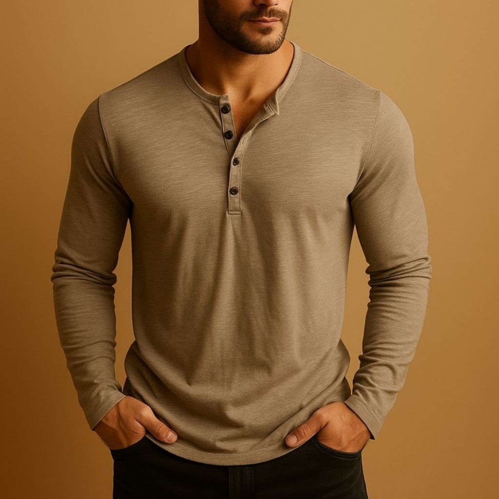 Men's slim fit long sleeve Henley shirt with button placket