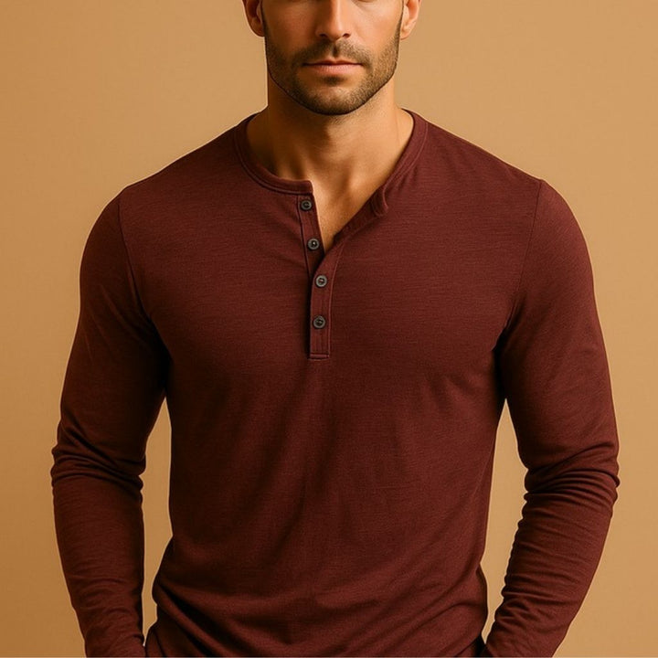 Men's slim fit long sleeve Henley shirt with button placket