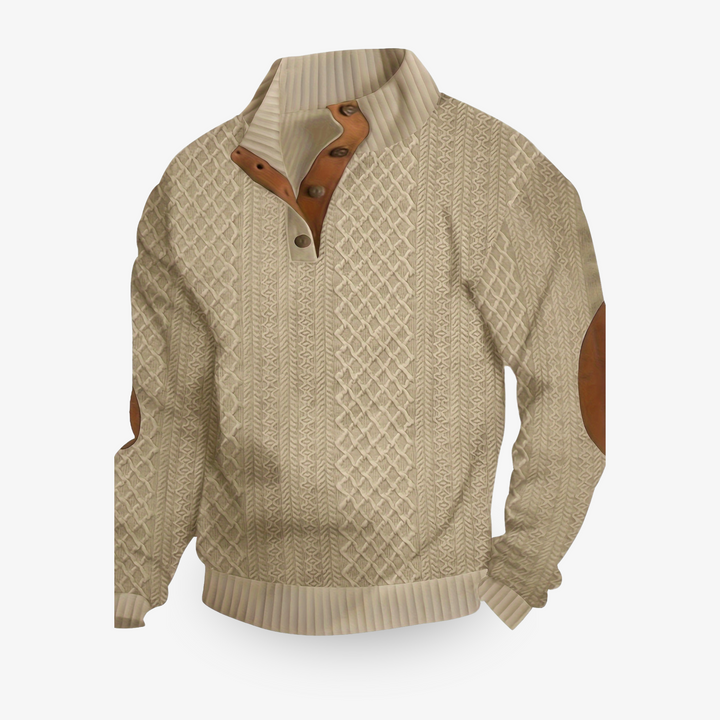 Men's cable knit jumper with mock collar and brown elbow patches